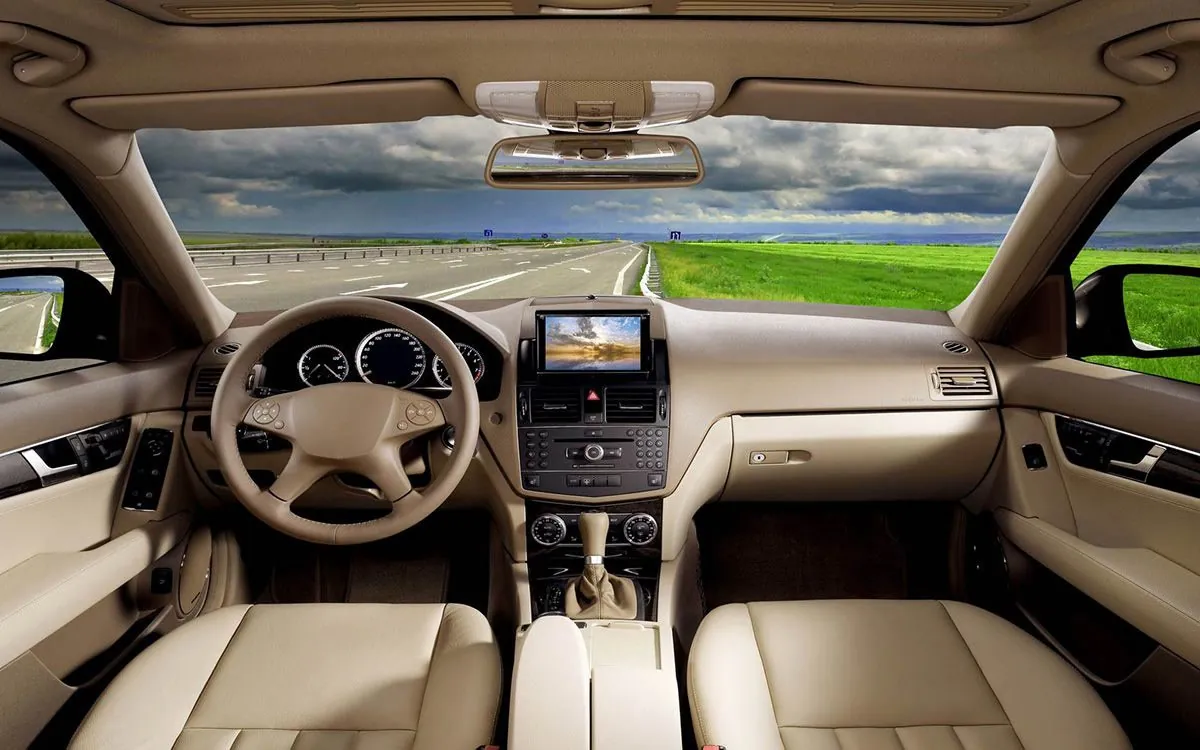 Interior de piel beige visto hacia la carretera