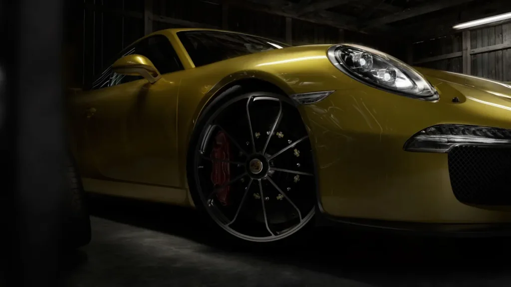 Porsche 911 dorado con rin oscuro y pintura brillante en garaje oscuro